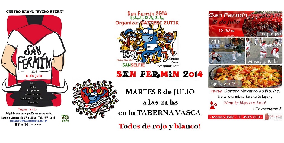 Hoy comenzarán las actividades por San Fermín en muchos centros vascos y navarros de Argentina. En la imagen tres carteles anunciadores de la fiesta